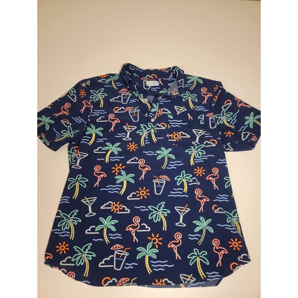 Chubbies Mens 2XL Neon Tropical Flamingo Palm Tree Performance Polo Shirt Navy